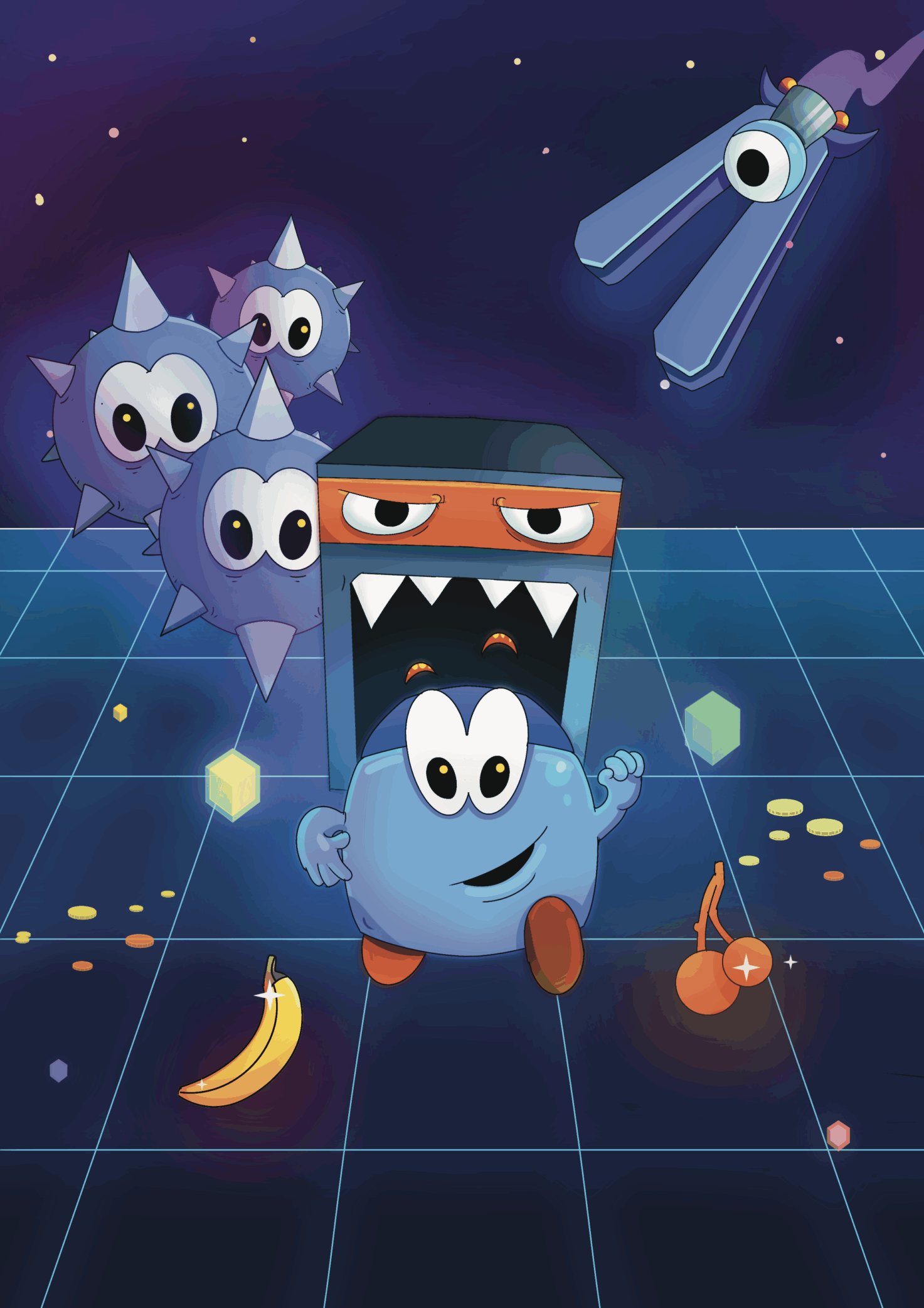 A blobby cube of a chum with big cartoon eyes outruns a nasty chomping robot beastly upon a neon grid. Spikey balls are in hot pursuit and an eyeball’d spaceship zips in from above. Fruit and coins litter the grid.