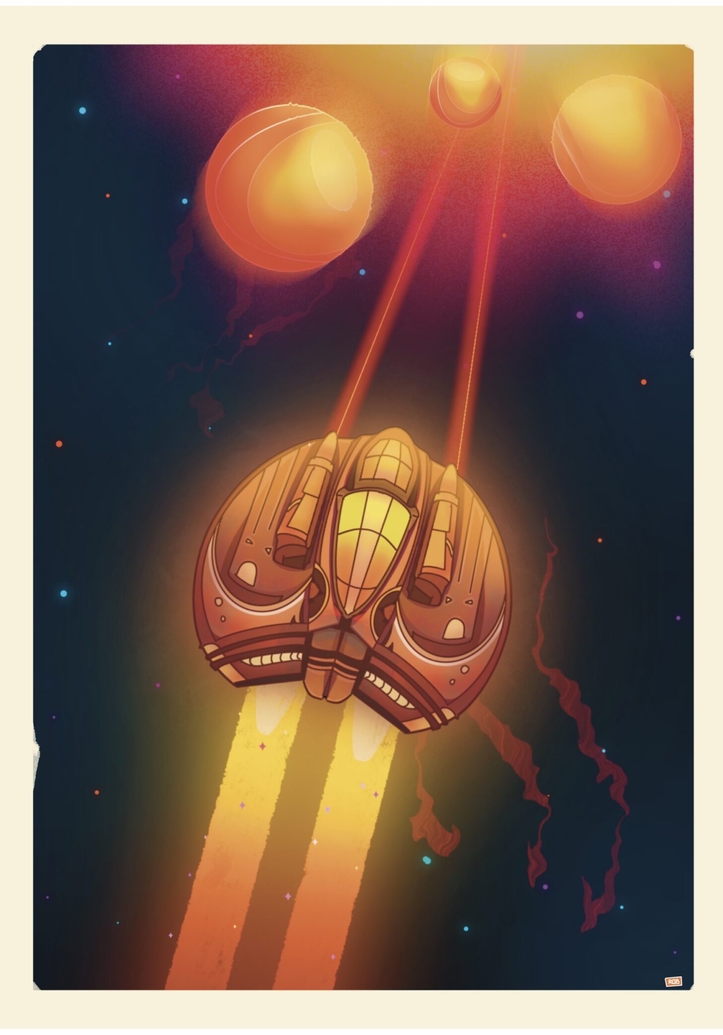 A rounded orange spaceship fires lasers at some exploding orbs, in space.