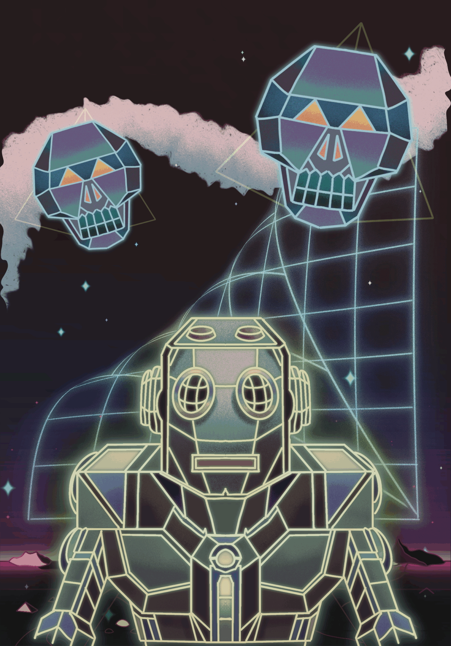 Two neon chrome skulls hover over a grid folding in upon itself, a glowing robot stares intently.